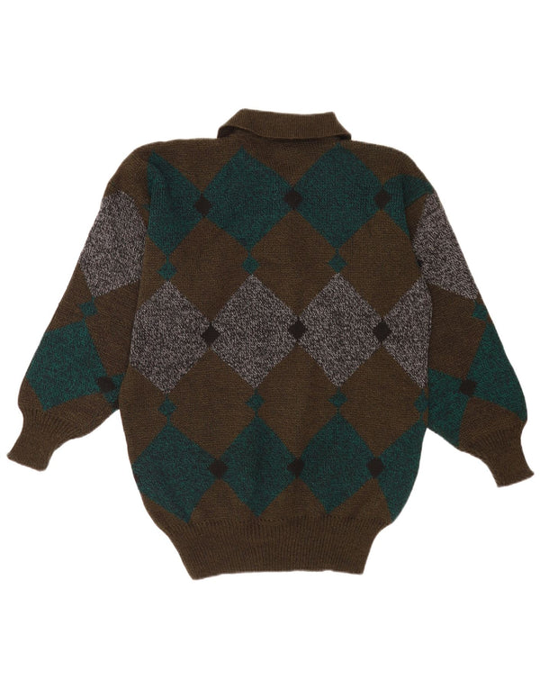 Vintage Herre Polo Neck Jumper Sweater Medium Brun Argyle/Diamond Classic