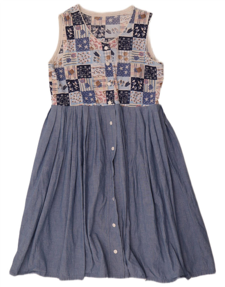 Vintage dame ærmeløs A-line kjole UK 12 Medium Blue Patchwork