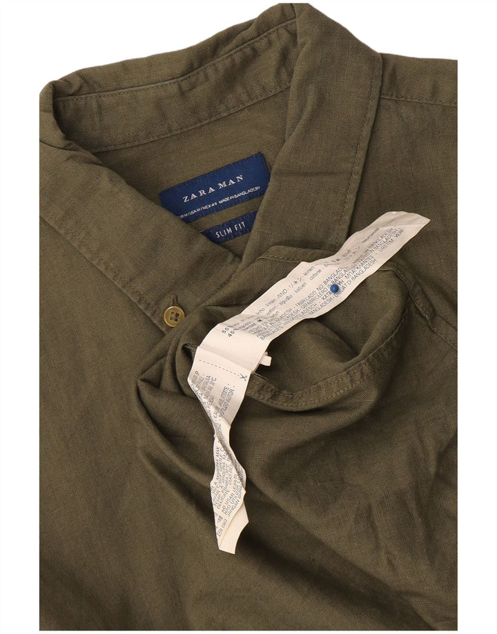 Zara Herre Slim Fit Pullover Shirt Medium Khaki Linen