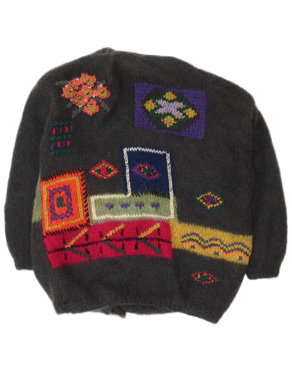 Vintage Kvinde grafisk cardigan sweater UK 18 XL Grå Patchwork