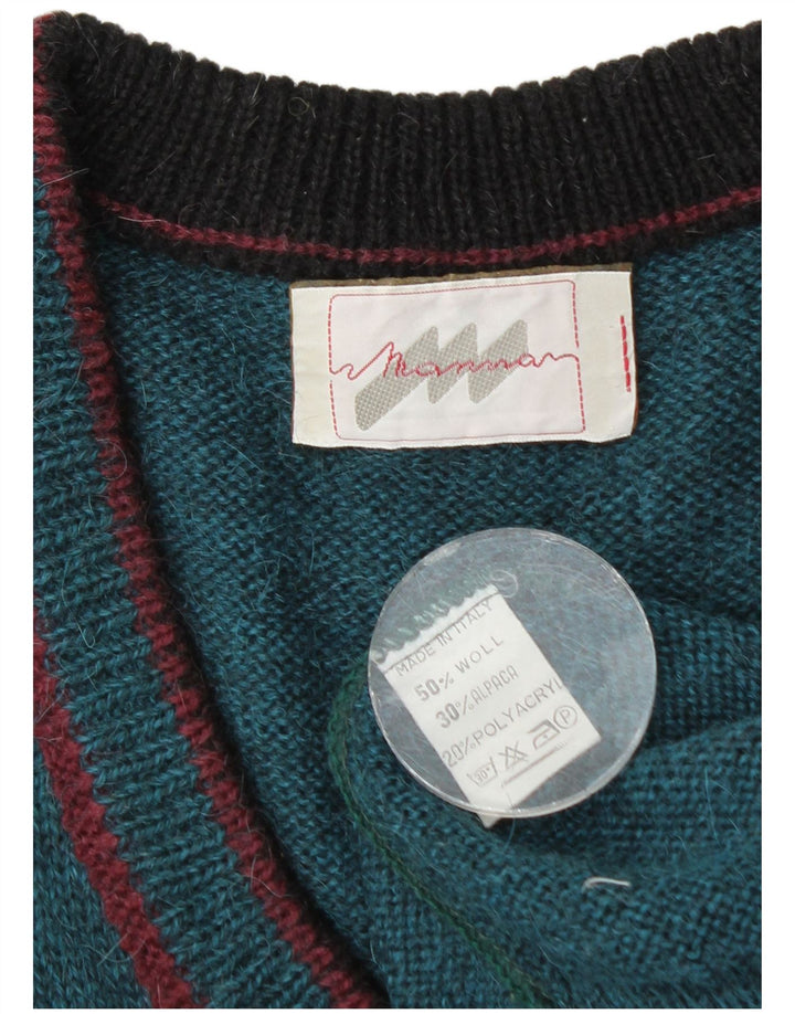 Vintage Herre V-hals sweater Stor Blå Colourblock Uld