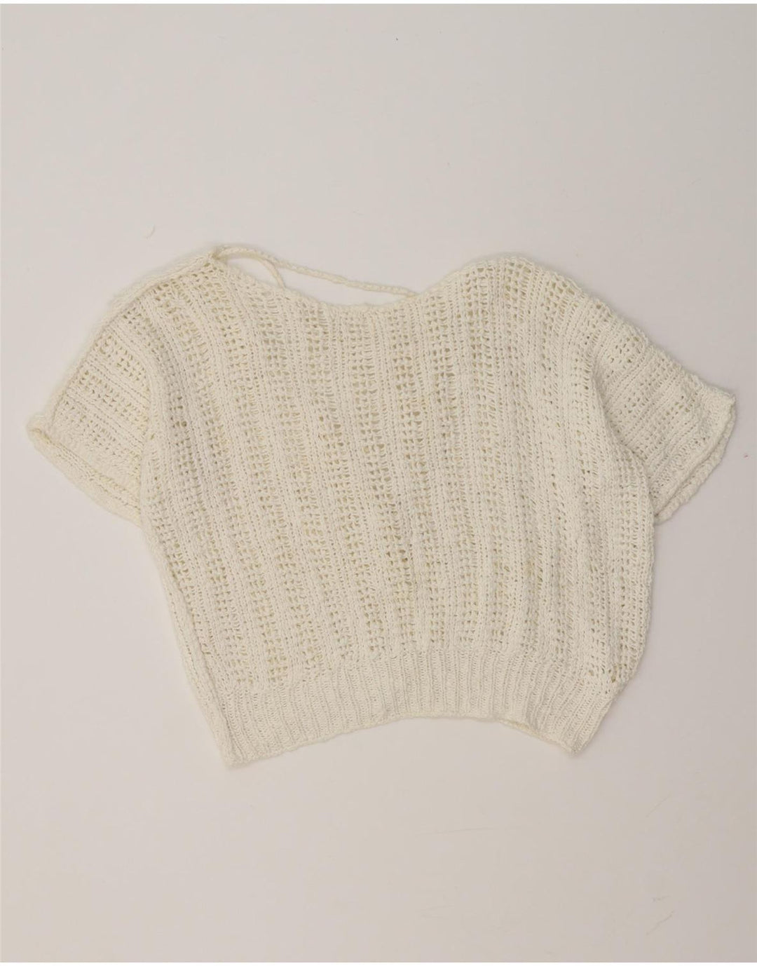 Vintage Womens Crop Kortærmet V-hals Jumper Sweater UK 14 Medium White