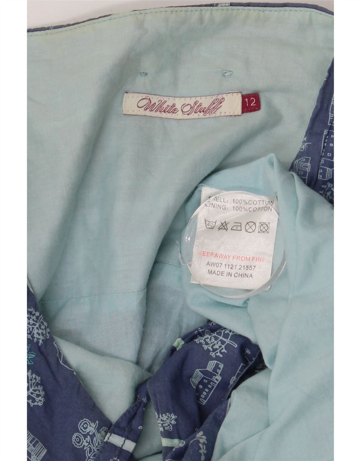White Stuff Dame grafisk A-line nederdel UK 12 Medium W30 Blå Bomuld
