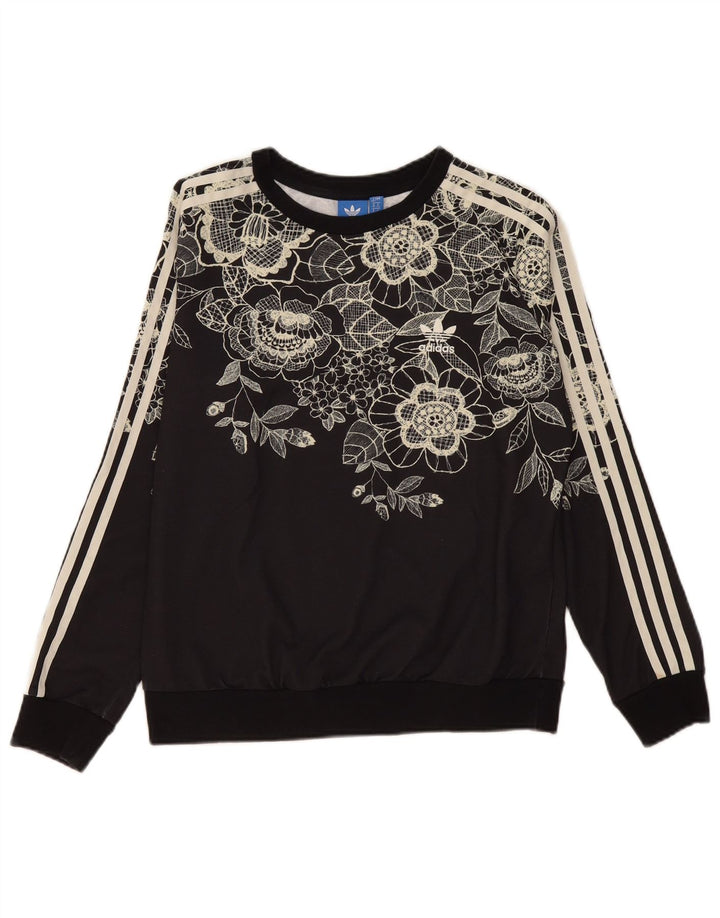 Adidas Dame Sweatshirt Jumper UK 12 Medium Black Floral Polyester