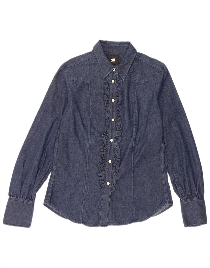 G-Star Dame Flæse Front Denim Shirt Bluse UK 10 Small Navy Blue Bomuld