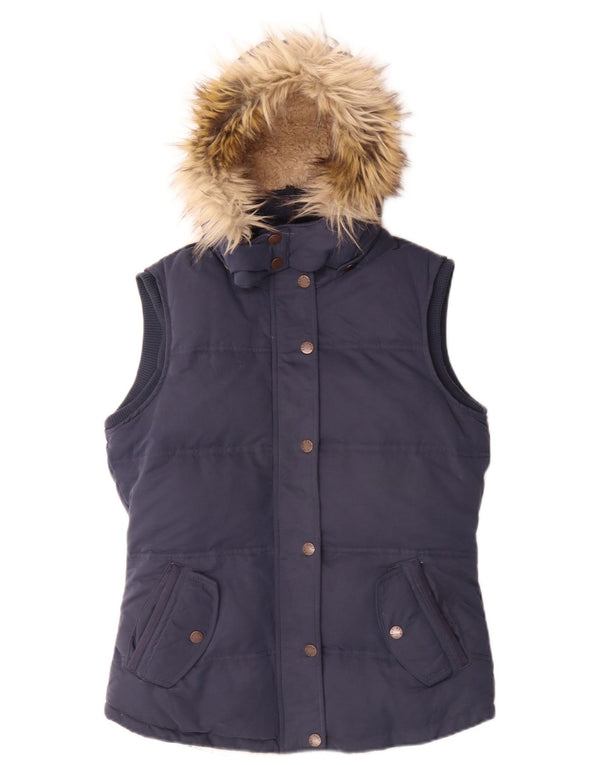 Fat Face Dame Hætte Sherpa Polstret Gilet UK 10 Small Navy Blue Polyester
