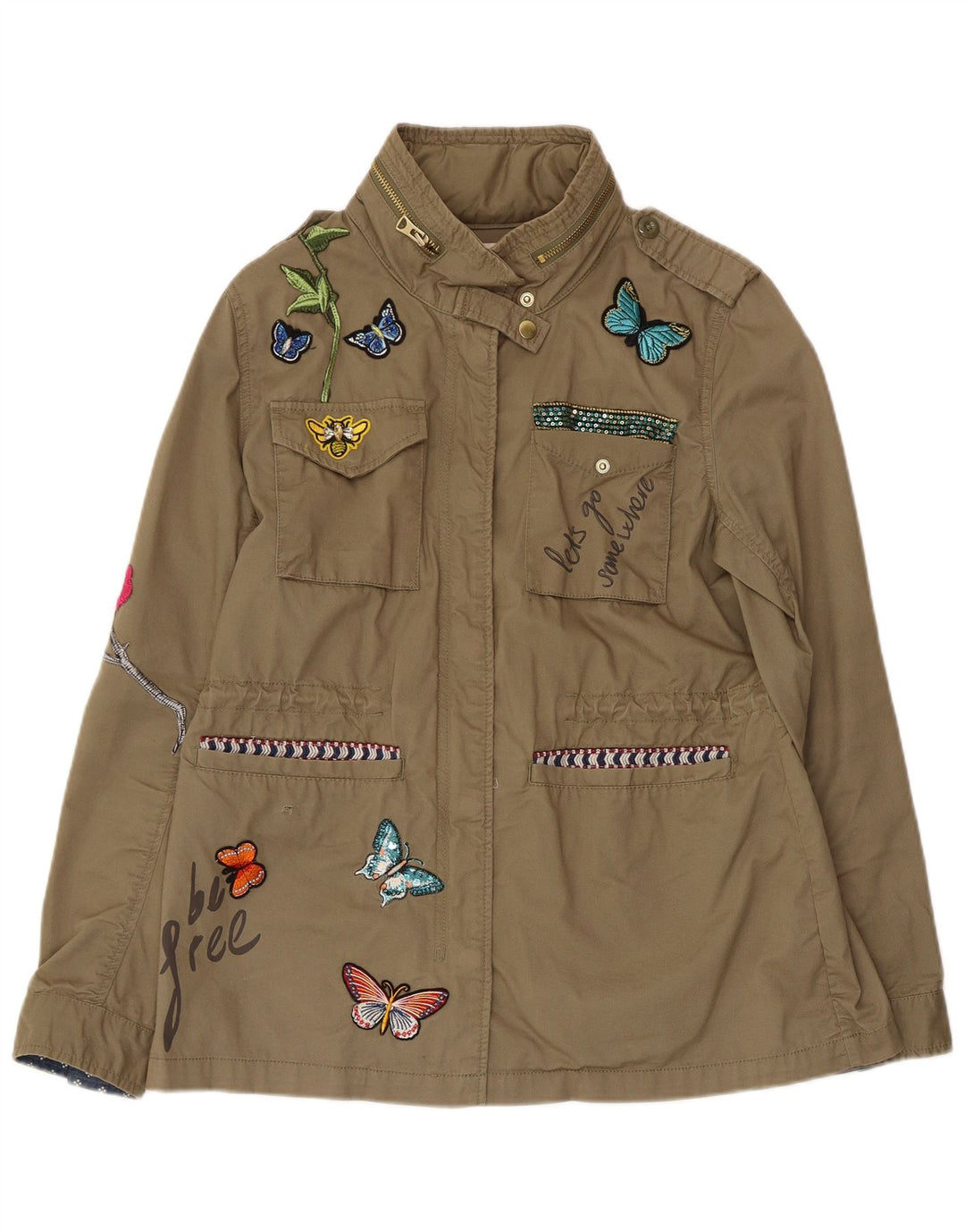 DESIGUAL Kvinder grafisk militærjakke EU 42 Stor Khaki Bomuld Butterfly