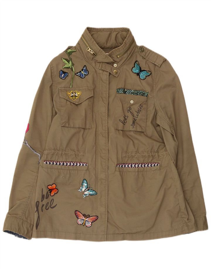 DESIGUAL Kvinder grafisk militærjakke EU 42 Stor Khaki Bomuld Butterfly