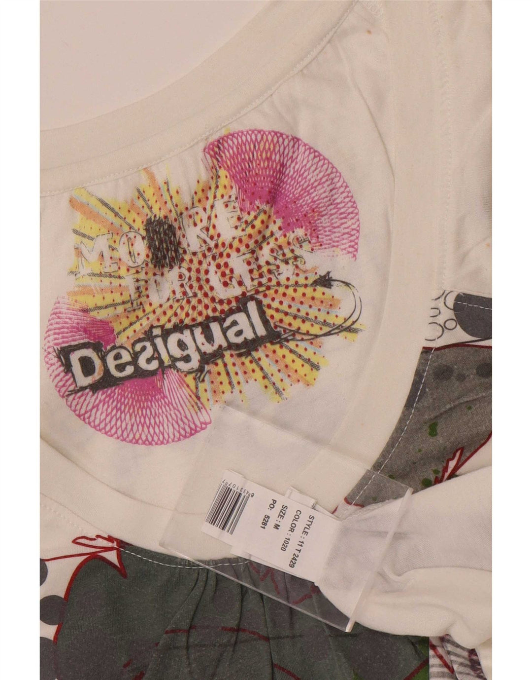 Desigual Dame Grafisk T-Shirt Top UK 12 Medium White Polyester