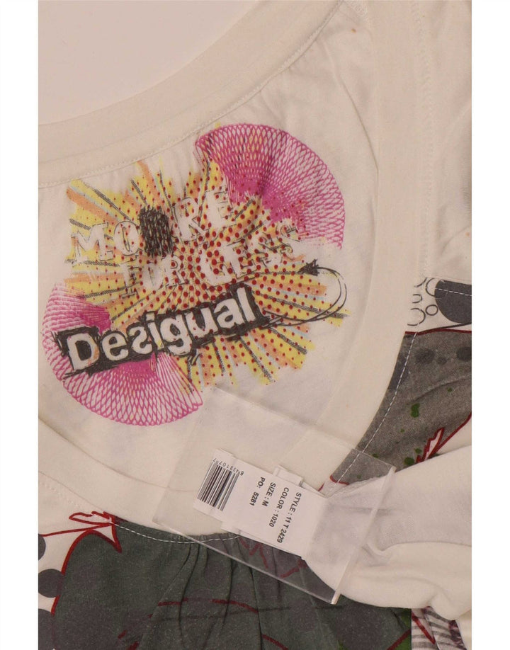 Desigual Dame Grafisk T-Shirt Top UK 12 Medium White Polyester