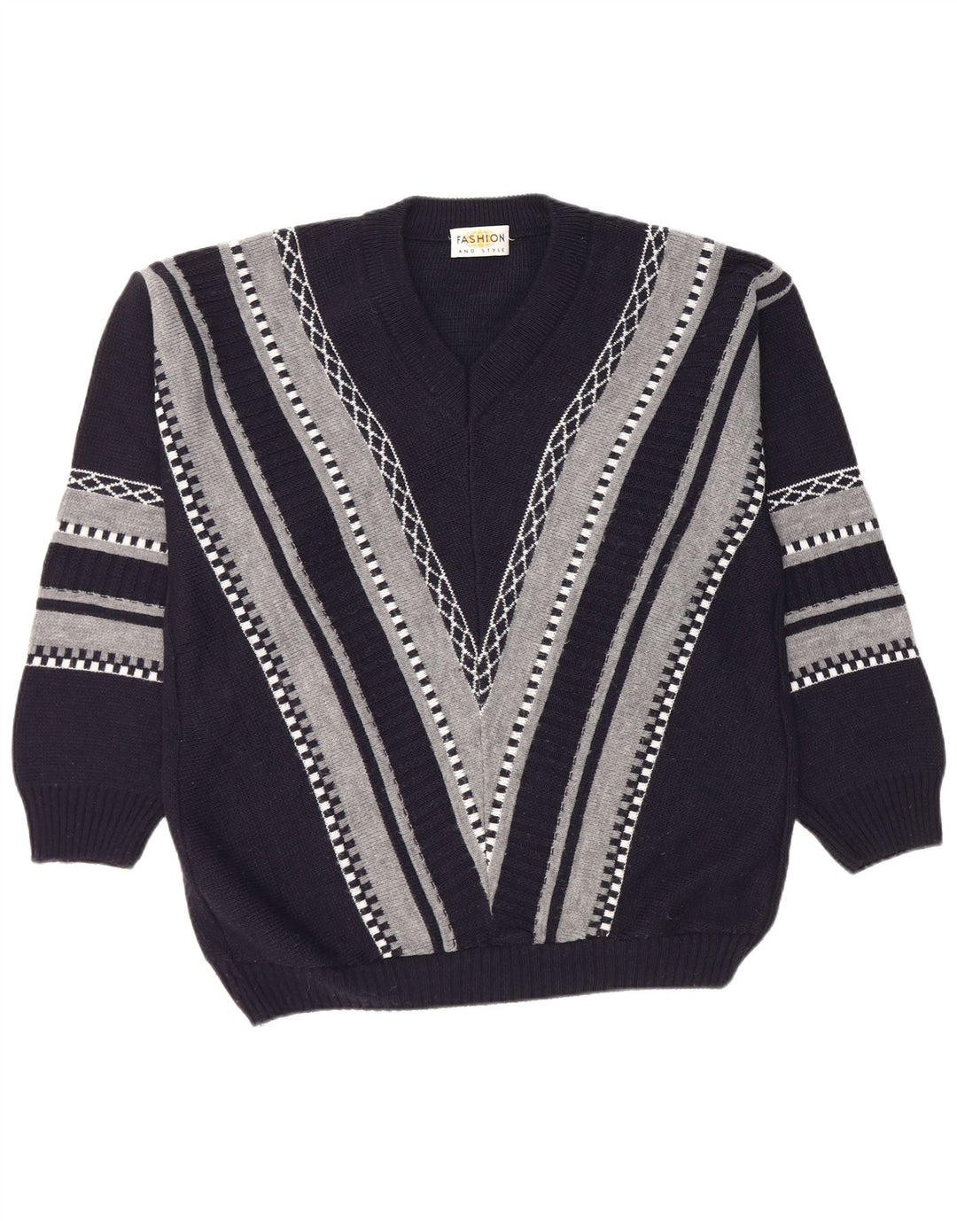 Vintage herre V-hals sweater stor marineblå stribet polyakryl