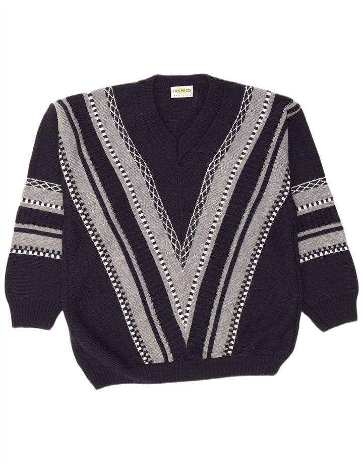 Vintage herre V-hals sweater stor marineblå stribet polyakryl