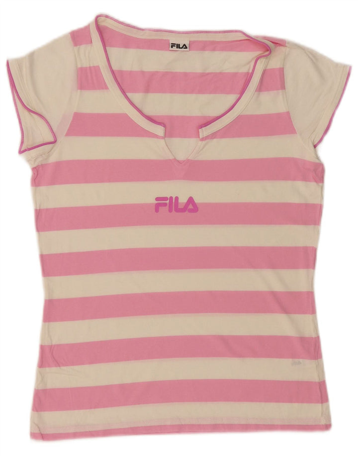 Fila Grafisk T-shirt top til kvinder UK 12 Medium Pink Stribet bomuld