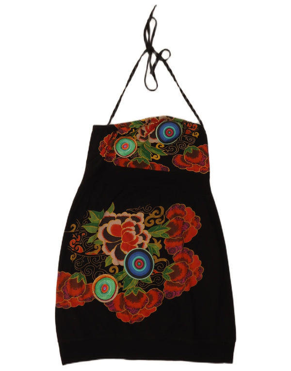 Desigual Womens Graphic Halter Top UK 12 Medium Black Floral Cotton