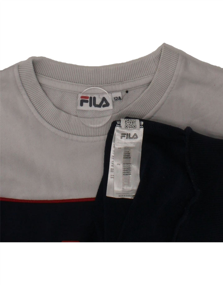 FILA Boys Graphic Sweatshirt Jumper 11-12 Years Navy Blue Colourblock Vintage Fila and Second-Hand Fila from Messina Hembry 