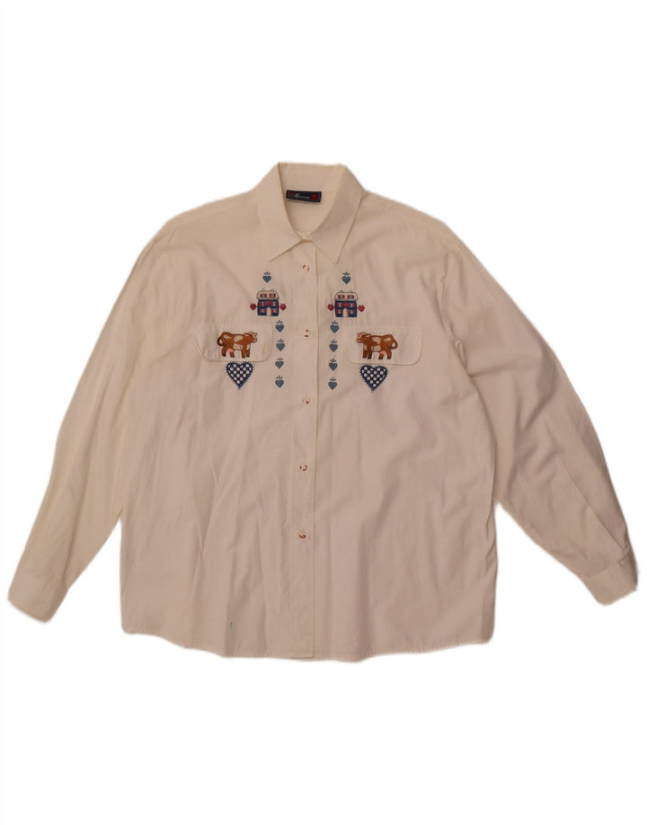 Vintage grafisk skjorte til kvinder UK 14 Stor hvid bomuld