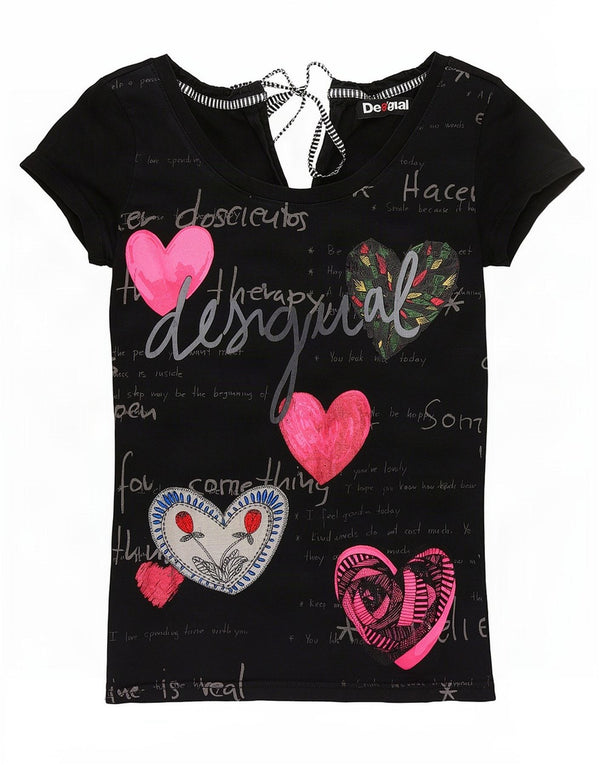 Desigual Dame Grafisk T-Shirt Top UK 8 Small Black Heart