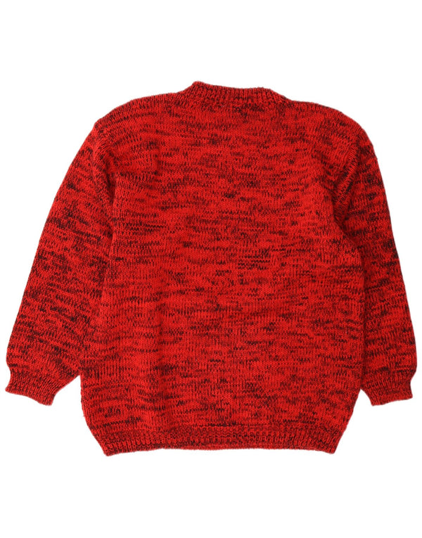 Vintage Dame grafisk rund hals sweater UK 14 Medium Rød Flecked