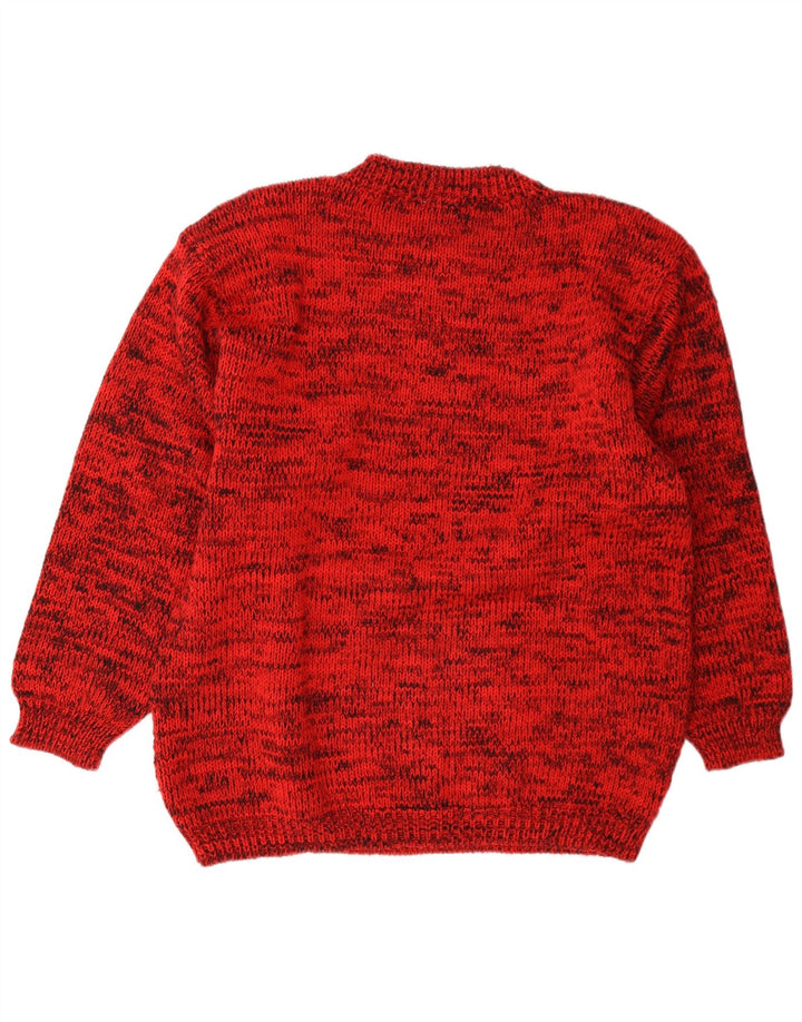 Vintage Dame grafisk rund hals sweater UK 14 Medium Rød Flecked