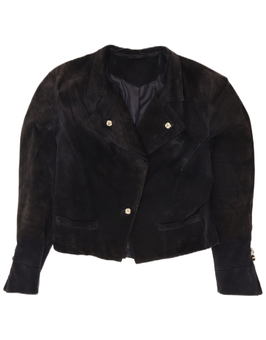 VINTAGE Dame 1 knap Crop Blazer Jacket UK 14 Medium Navy Blue Viscose