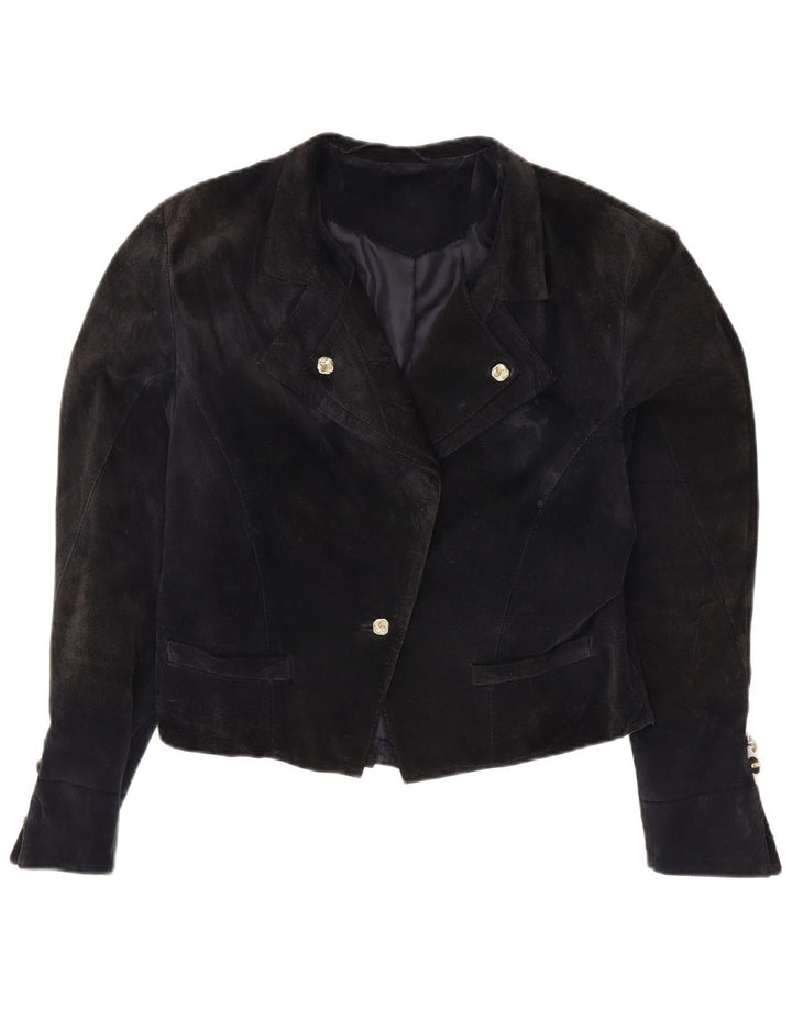 VINTAGE Dame 1 knap Crop Blazer Jacket UK 14 Medium Navy Blue Viscose