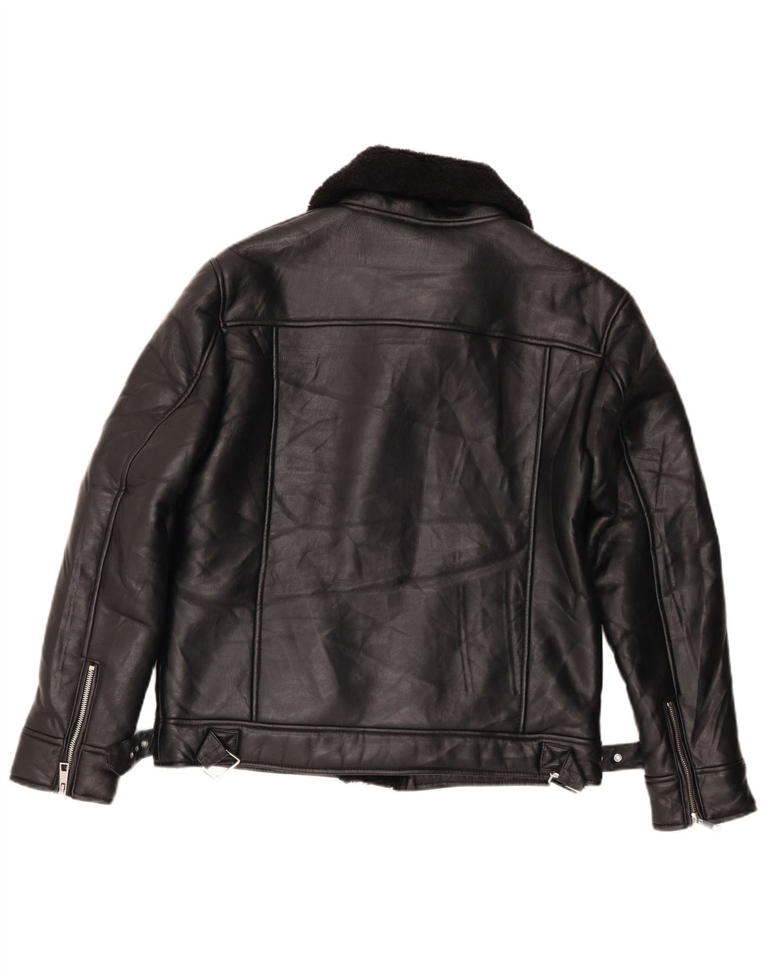 Zara Sherpa Biker Jacket UK 14 Medium Sort Polyester til kvinder