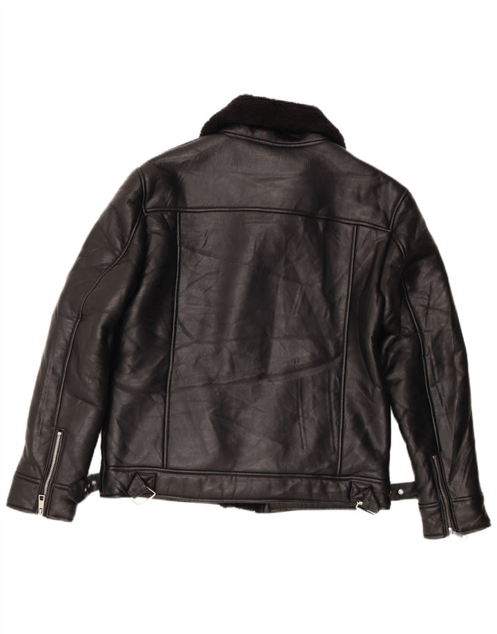 Zara Sherpa Biker Jacket UK 14 Medium Sort Polyester til kvinder