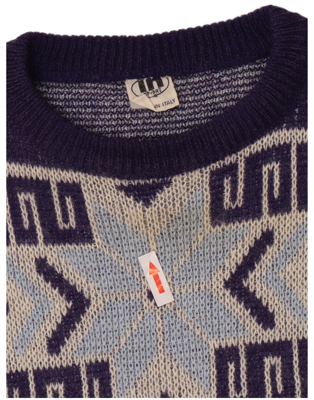 Vintage herre rund hals sweater medium marineblå geometrisk