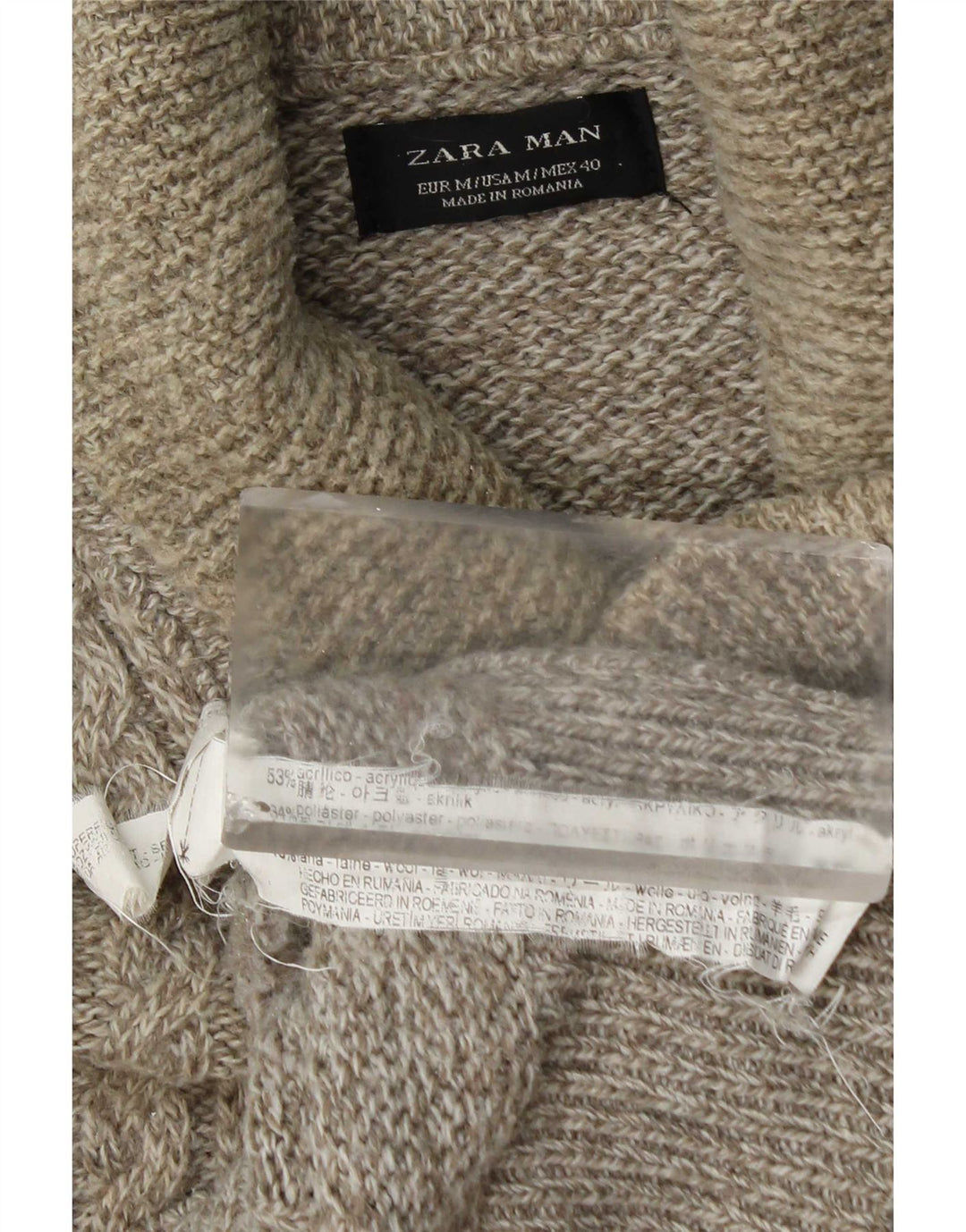 Zara Herre Sjal Hals Jumper Sweater Medium Beige Flecked Acryl