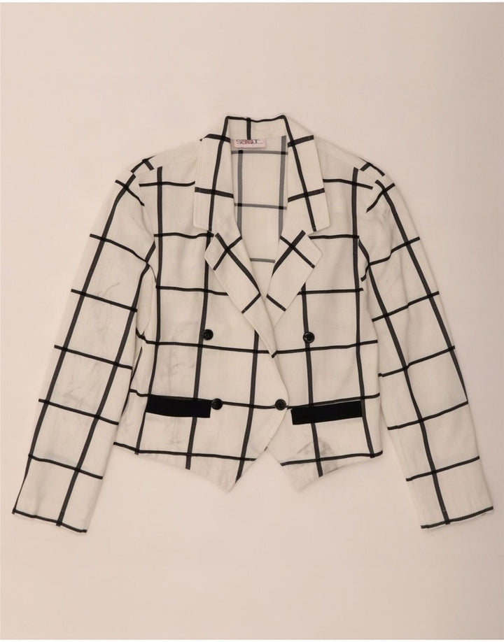 Vintage Dame Crop Double Breasted Blazer Jacket EU 40 Medium White Check