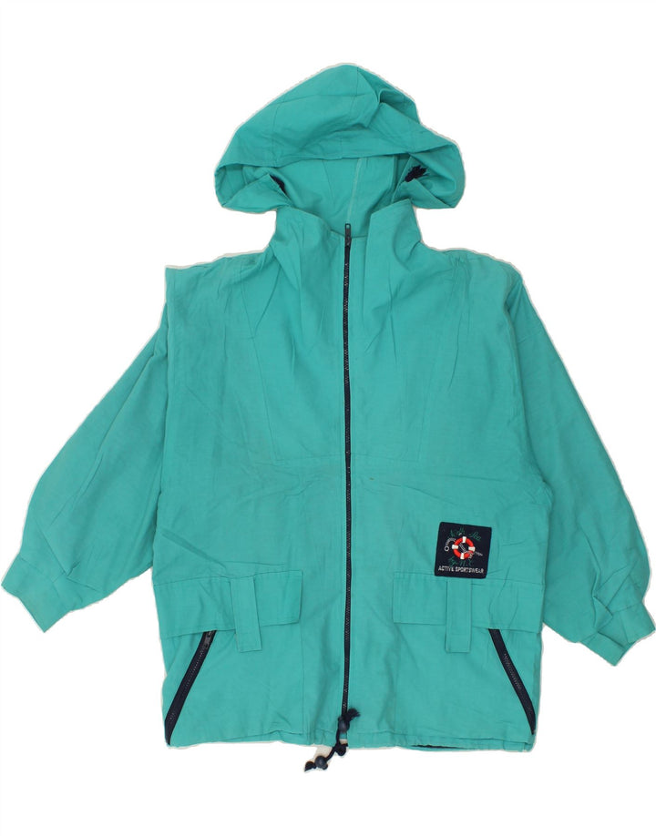 VINTAGE Womens Graphic Hooded Rain Jacket UK 16 Large Blue Polyester Vintage Vintage and Second-Hand Vintage from Messina Hembry 