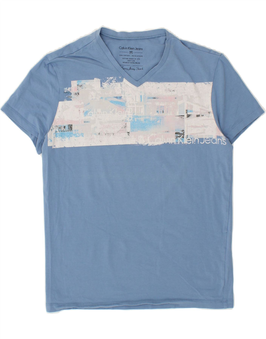 CALVIN KLEIN JEANS Womens Graphic T-Shirt Top UK 12 Medium Blue Vintage Calvin Klein Jeans and Second-Hand Calvin Klein Jeans from Messina Hembry 
