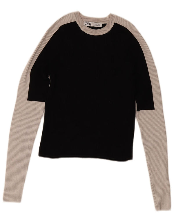 Zara Langærmet Crop Bluse Top UK 12 Medium Sort Colourblock