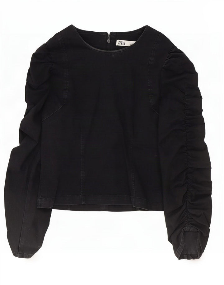 Zara Dame Langærmet Bluse Top UK 10 Small Black Bomuld