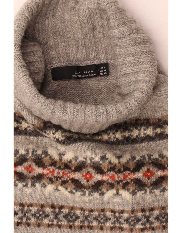 Zara Dame Rullehals Sweater UK 14 Medium Grey Fair Isle