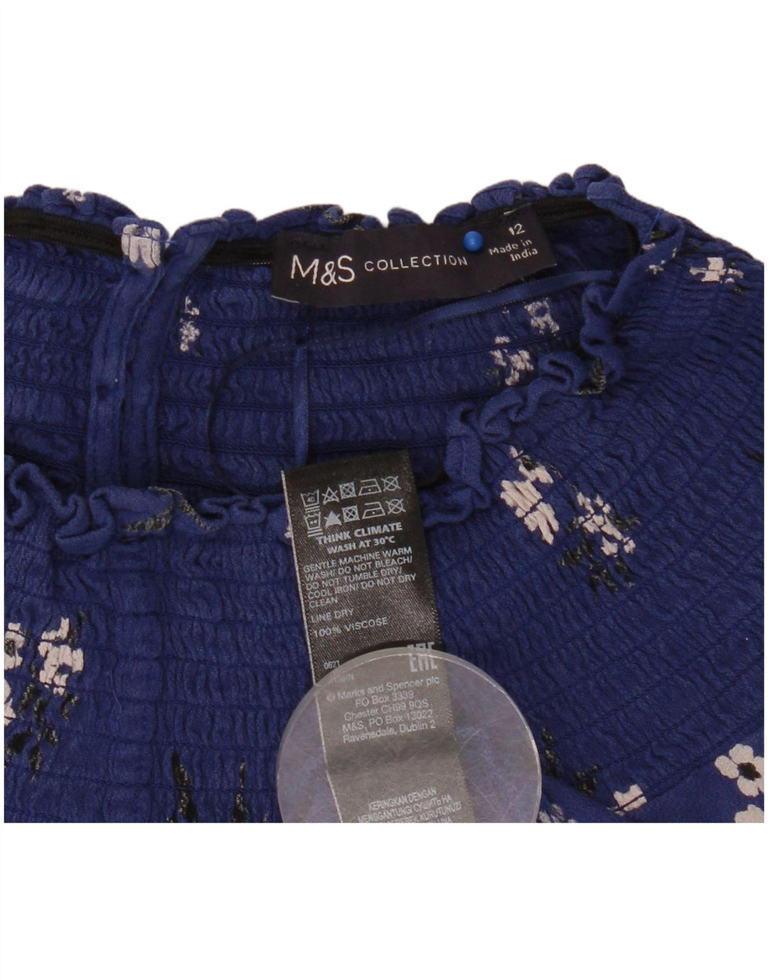 Marks & Spencer Dame Langærmet Bluse Top UK 12 Medium Navy Blue Floral