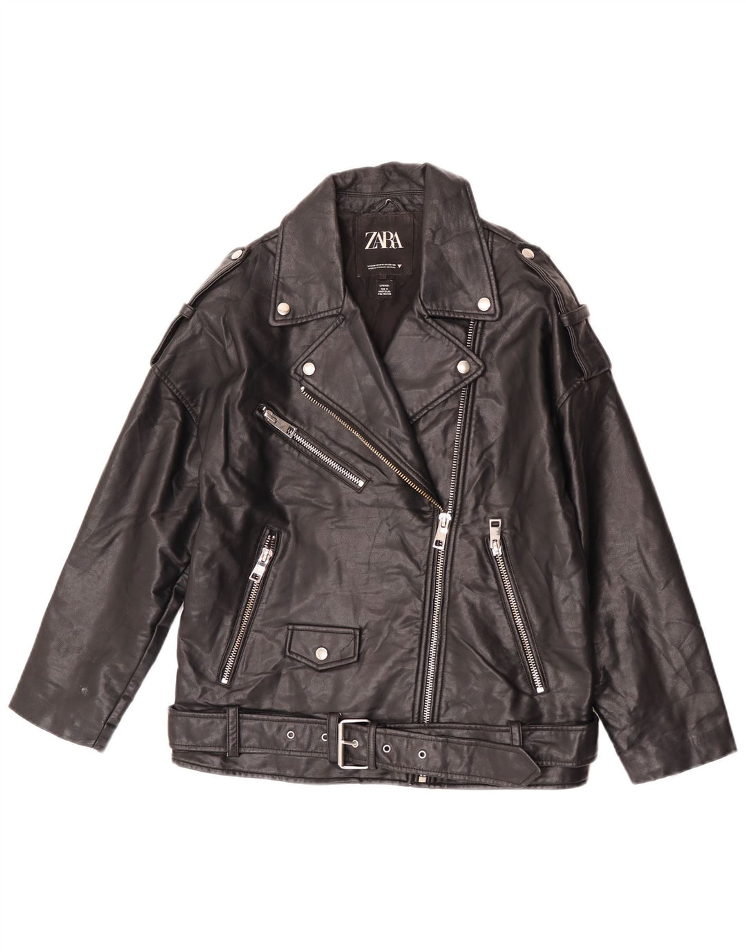 Zara Womens Oversized Biker-jakke i imiteret læder UK 10 Lille sort polyester