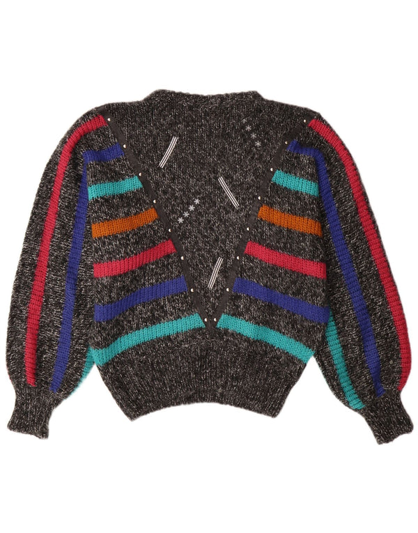 VINTAGE Dame Batwing Jumper Sweater UK 14 Medium Grå Stribet