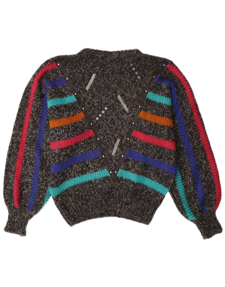 VINTAGE Dame Batwing Jumper Sweater UK 14 Medium Grå Stribet