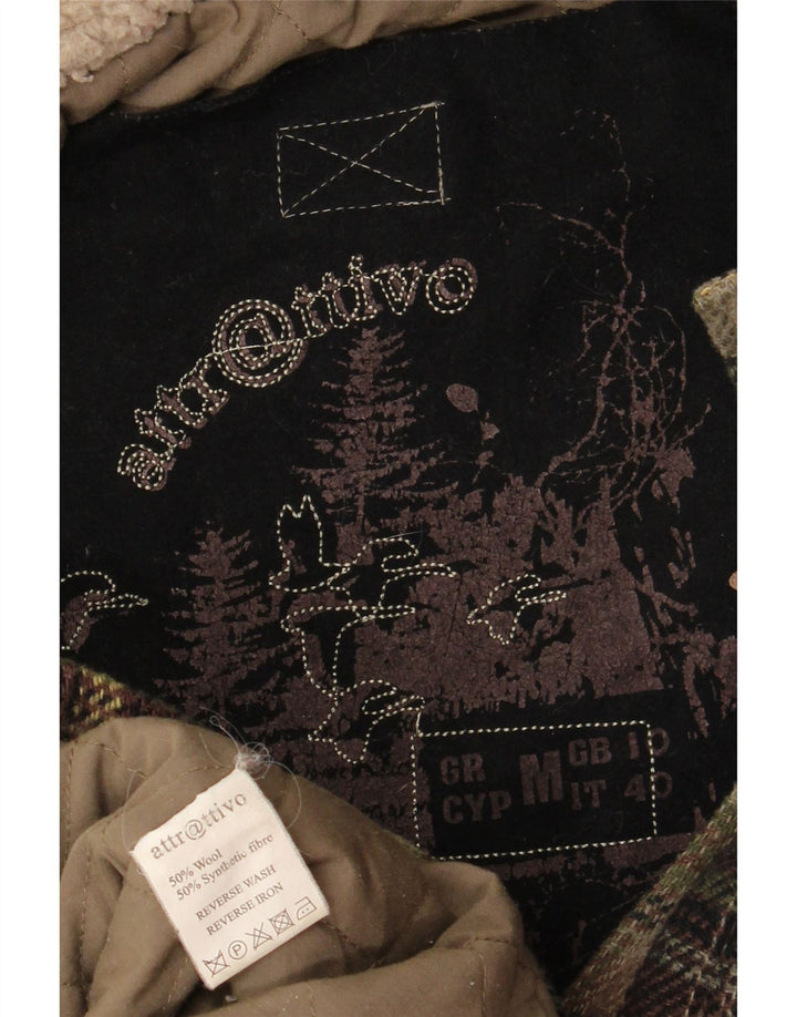 Vintage Dame Oversized Hooded Duffel Coat UK 10 Small Khaki Check Wool