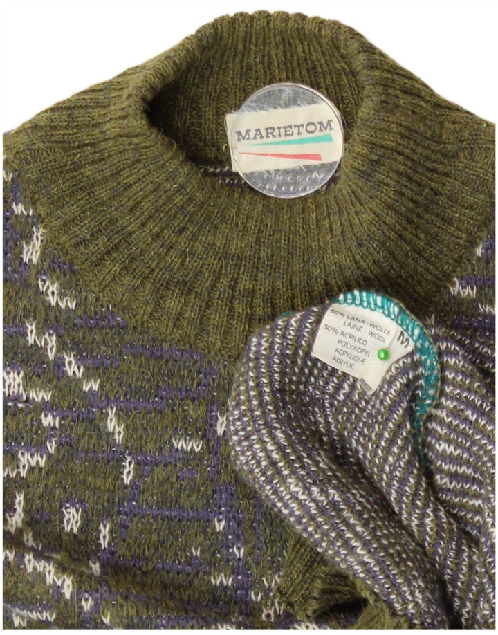 Vintage Dame Turtle Neck Jumper Sweater UK 14 Medium Green Paisley