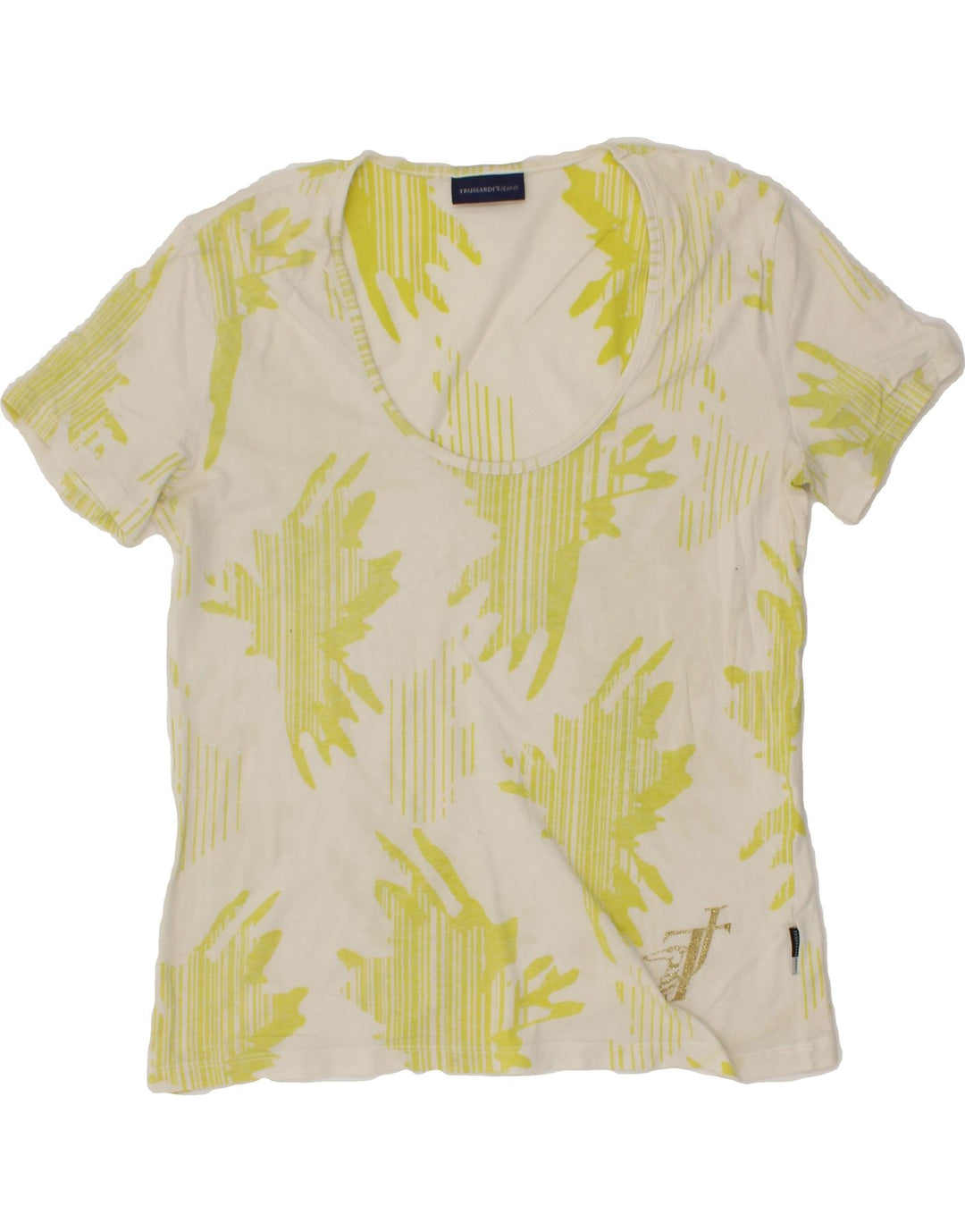 TRUSSARDI JEANS Womens Abstract Pattern T-Shirt Top UK 14 Large White Vintage Trussardi Jeans and Second-Hand Trussardi Jeans from Messina Hembry 