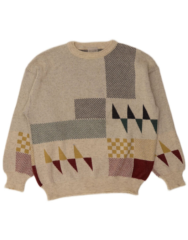 Vintage mænd med rund hals sweater IT 48 Medium Off White geometrisk uld