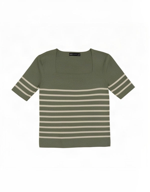 Marks & Spencer Dame Crop T-Shirt Top UK 10 Small Khaki Striped Viscose