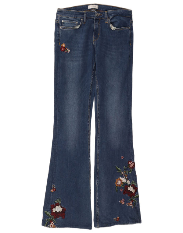 Zara Dame Bootcut Jeans EU 38 Small W28 L33 Blue Floral Bomuld