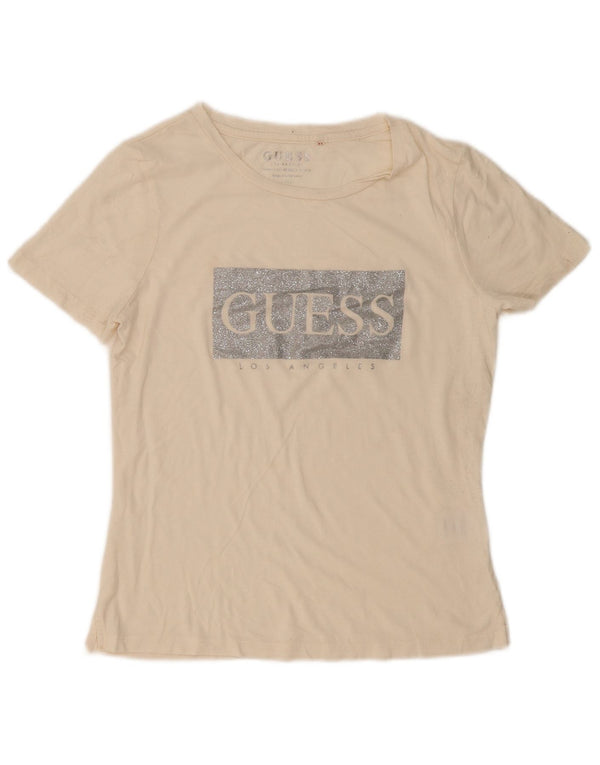 Guess Womens Loose Fit grafisk T-shirt Top UK 10 Small Off White Bomuld