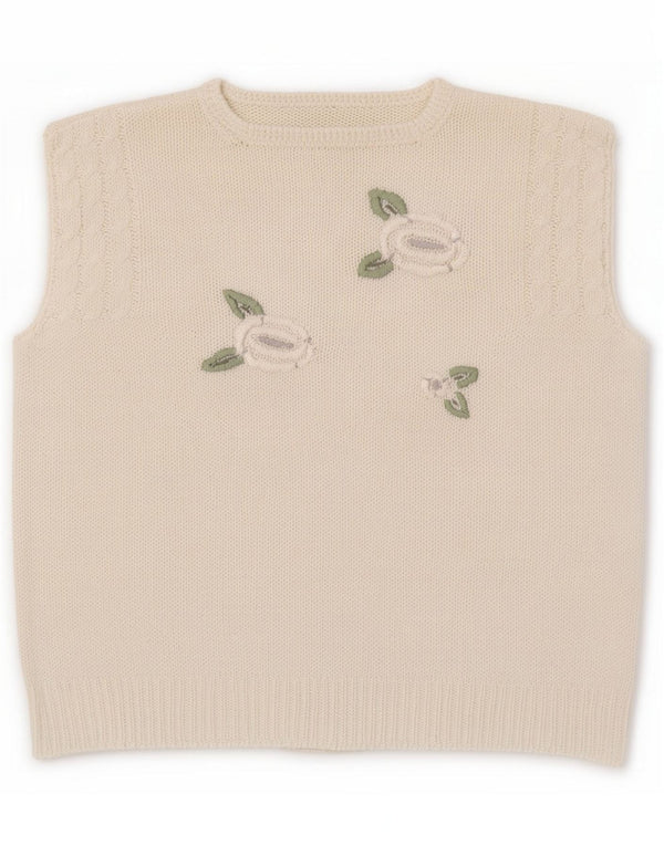 Vintage Womens Crop Vest Tank Top UK 14 Large White Floral