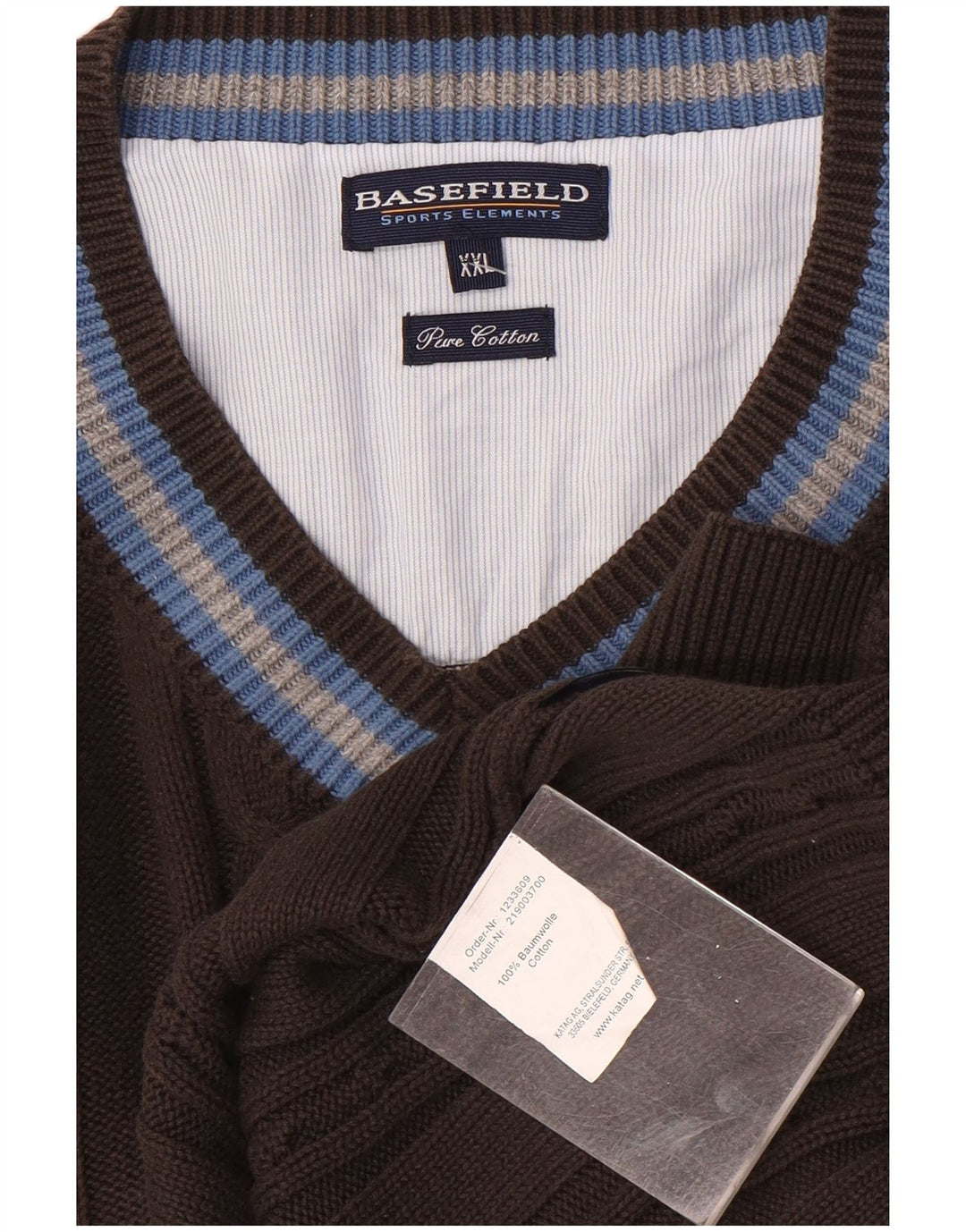 Basefield Herre V-hals sweater 2XL brun stribet bomuld