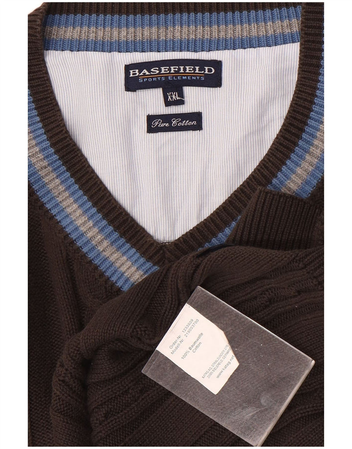 Basefield Herre V-hals sweater 2XL brun stribet bomuld