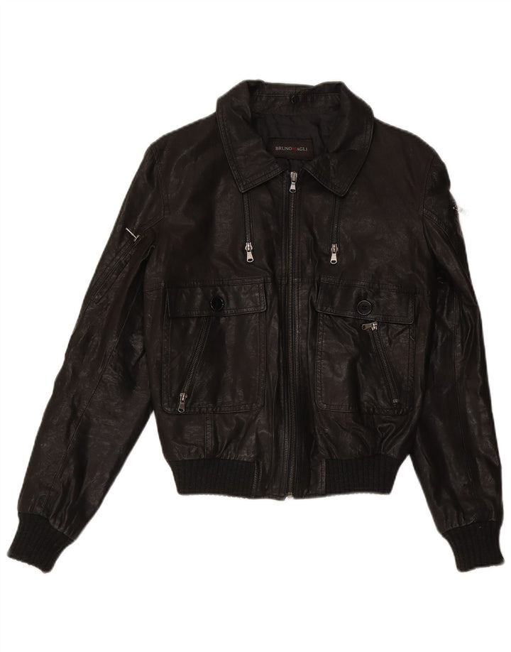 BRUNO MAGLI Womens Leather Bomber Jacket IT 46 Large Black Leather